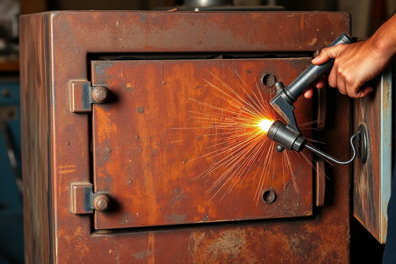 Restauration d'un coffre-fort rouillé à l'atelier