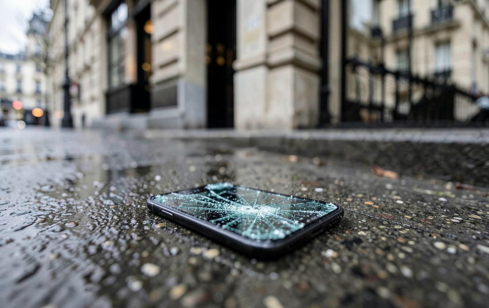 Smartphone à l'écran brisé posé sur un trottoir mouillé devant un immeuble haussmannien